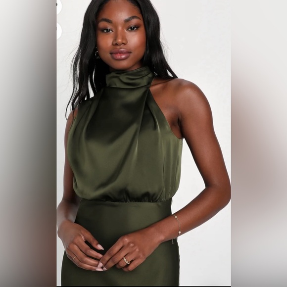 Lulus Distinctive Charm Olive Green Satin Asymmetrical Midi Dresss. NEW! Medium - Picture 3 of 7
